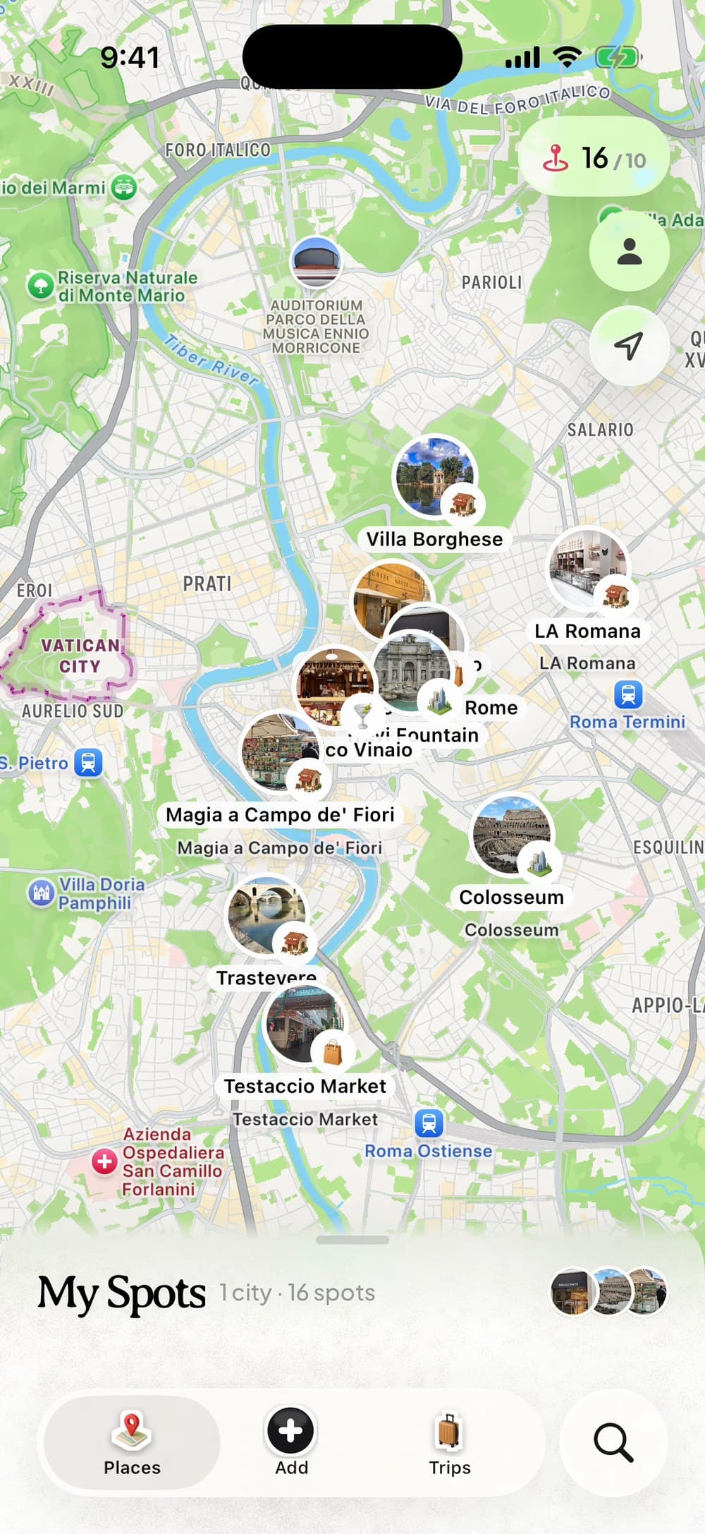 Dream Trip on iPhone: a map of Rome with saved spots pinned as photos, including Villa Borghese, Campo de' Fiori, Trastevere, the Colosseum and Testaccio Market