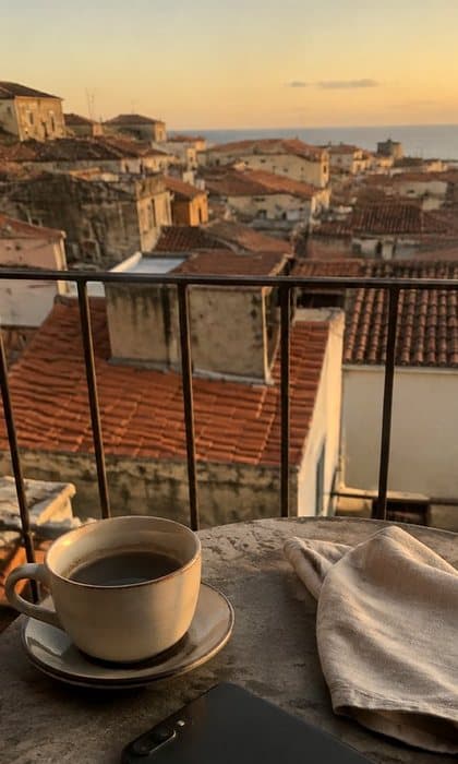 A saved TikTok: coffee on a terrace over terracotta rooftops at sunset