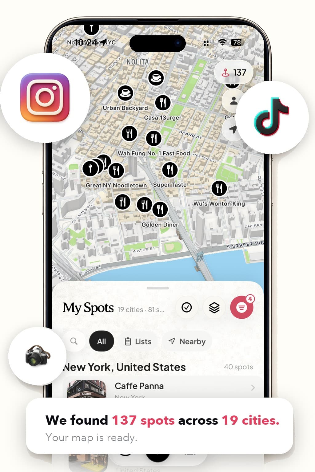 Dream Trip on iPhone with TikTok and Instagram imports landing on the map