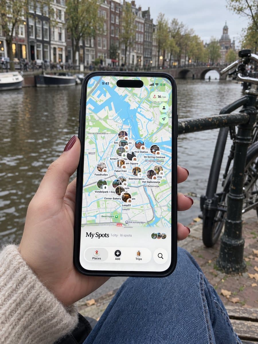 Dream Trip open on an iPhone in Amsterdam, with saved spots pinned on the city map