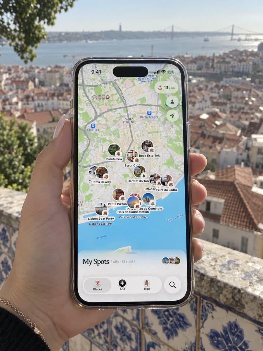Dream Trip open on an iPhone in Lisbon, with saved spots pinned on the city map