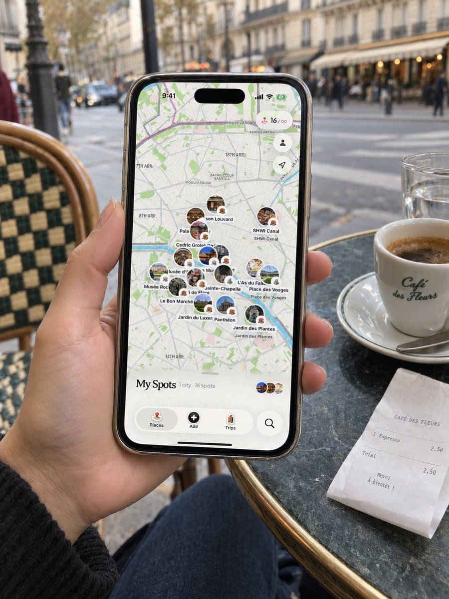 Dream Trip open on an iPhone in Paris, with saved spots pinned on the city map