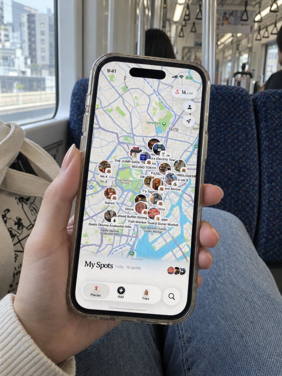 Dream Trip open on an iPhone in Tokyo, with saved spots pinned on the city map