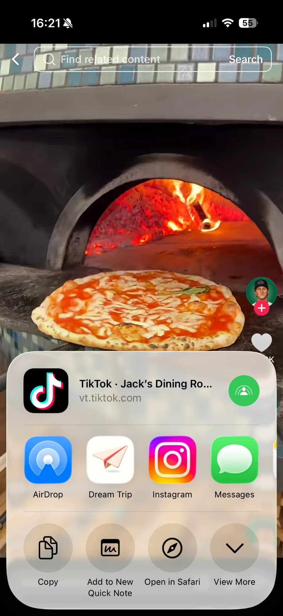 The iOS share sheet open on a TikTok from Jack's Dining Room, with Dream Trip next to AirDrop, Instagram and Messages