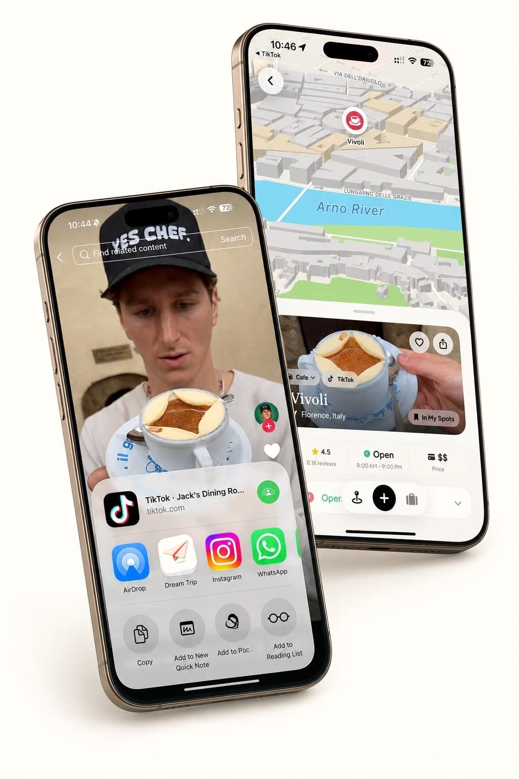 Sharing a TikTok to Dream Trip, and the cafe saved on a Florence map
