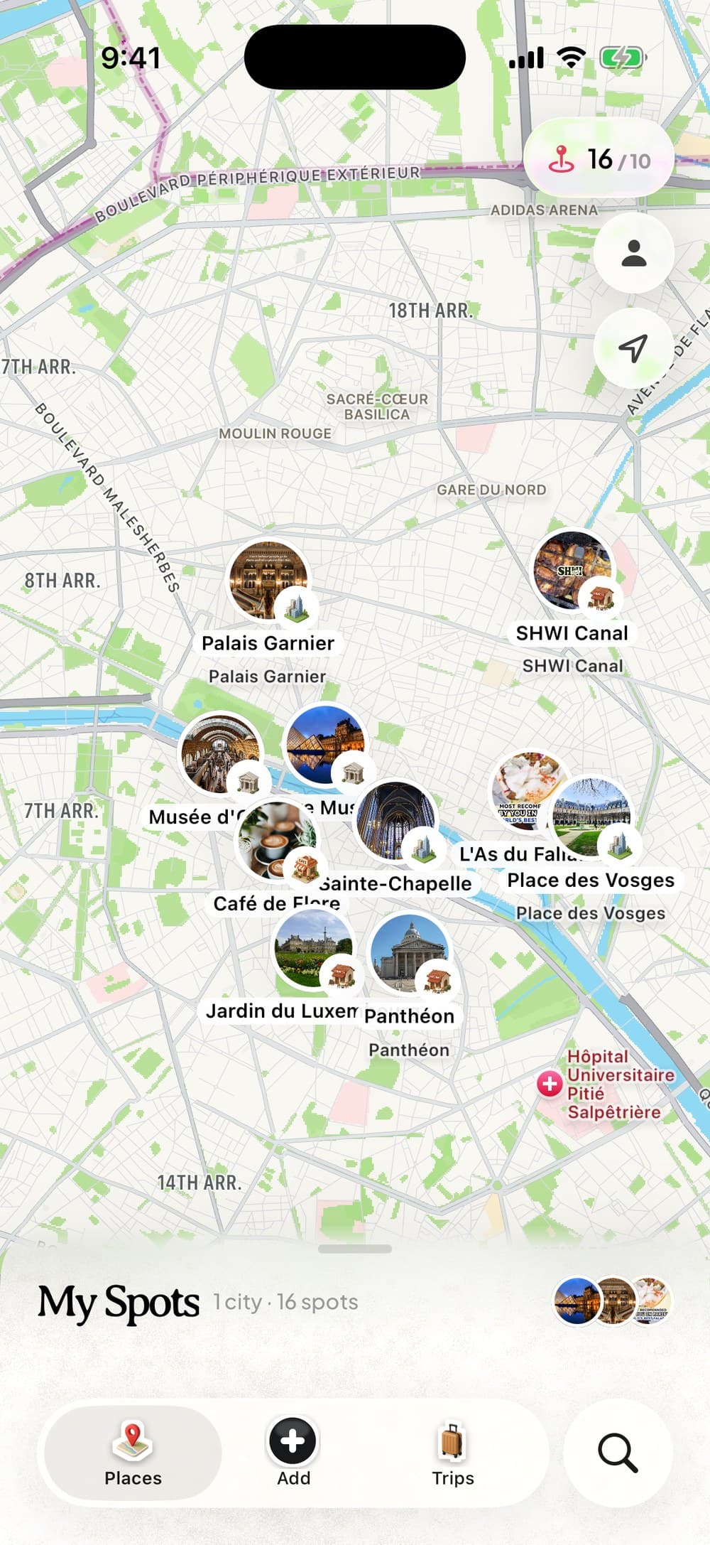A map of Paris in Dream Trip with saved spots pinned as photos, including Palais Garnier, Café de Flore, Sainte-Chapelle and the Panthéon