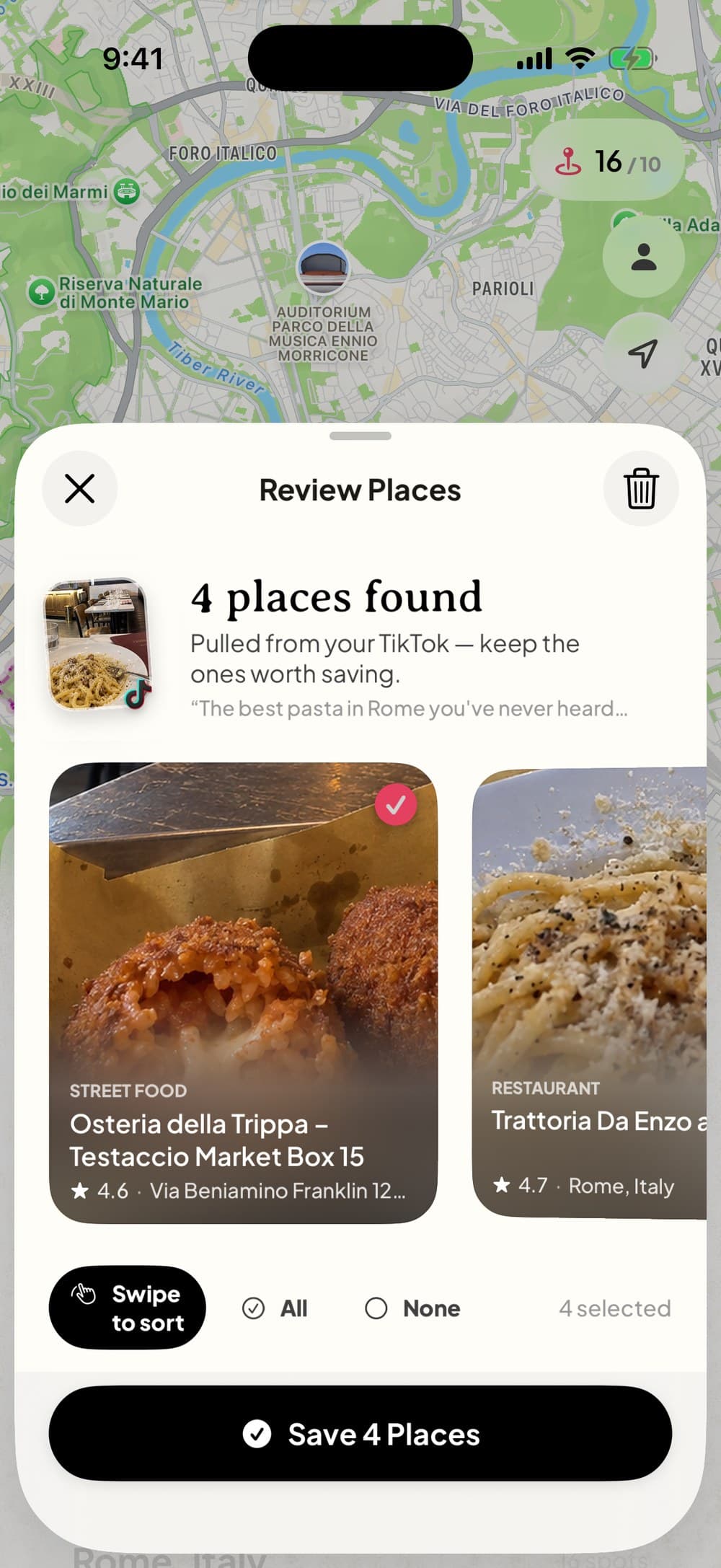 Dream Trip found 4 places in a TikTok about Rome, shown as photo cards to keep or skip: Osteria della Trippa and Trattoria Da Enzo al 29 first