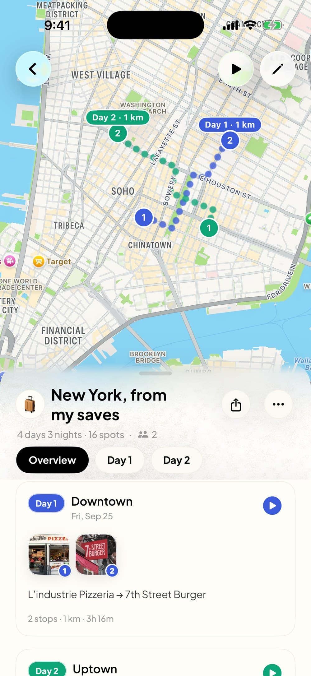 The trip in Dream Trip: New York, from my saves, 4 days and 16 spots, with the days routed on the map